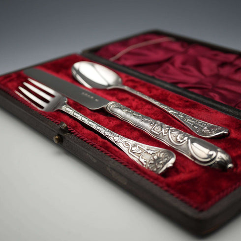 1865 Antique English Sterling Silver Christening Cutlery Set, Total 102g, by George Adams, Cased