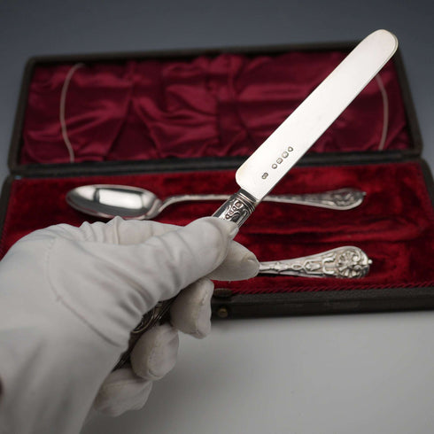 1865 Antique English Sterling Silver Christening Cutlery Set, Total 102g, by George Adams, Cased