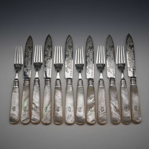 Circa 1899 British Antique Mother-of-Pearl Handle Dessert Cutlery Set for 6, Sterling Silver Accents, Some Damage