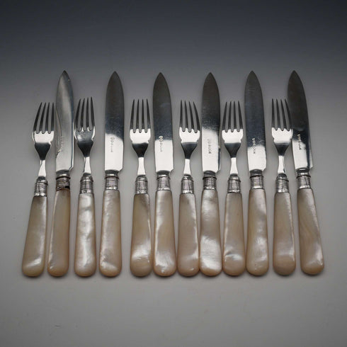 Circa 1899 British Antique Mother-of-Pearl Handle Dessert Cutlery Set for 6, Sterling Silver Accents, Some Damage