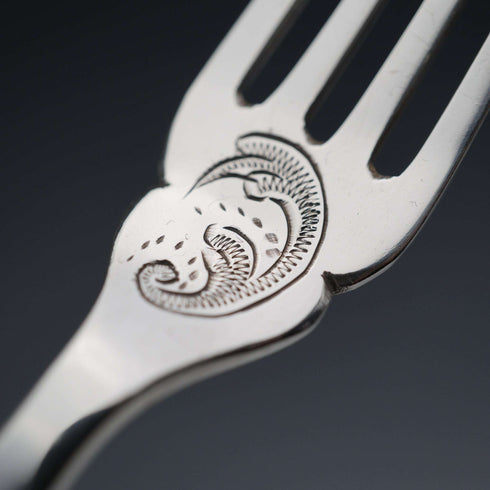 Circa 1899 British Antique Mother-of-Pearl Handle Dessert Cutlery Set for 6, Sterling Silver Accents, Some Damage