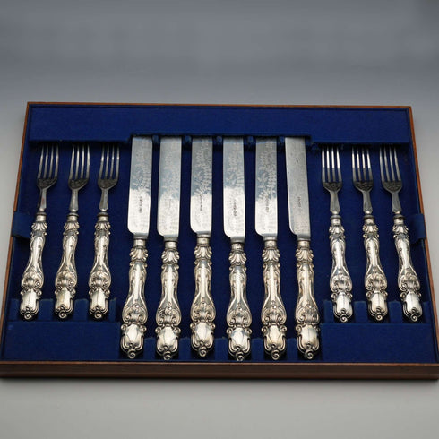 Juego de 6 pares de cubiertos de plata chapada, antigüedades británicas de finales del siglo XIX, Martin & Hall