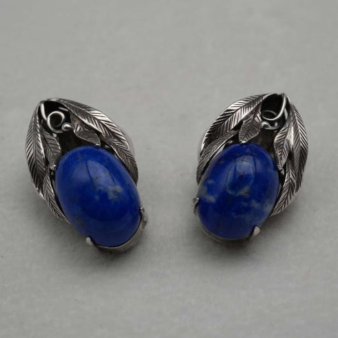 Pendientes de clip de diseño botánico en plata vintage y lapislázuli