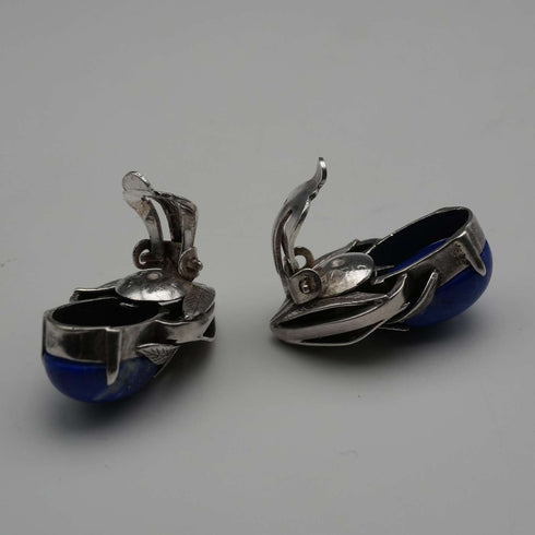 Pendientes de clip de diseño botánico en plata vintage y lapislázuli
