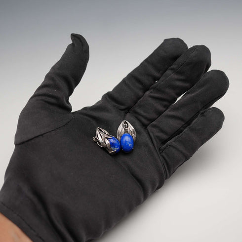 Pendientes de clip de diseño botánico en plata vintage y lapislázuli