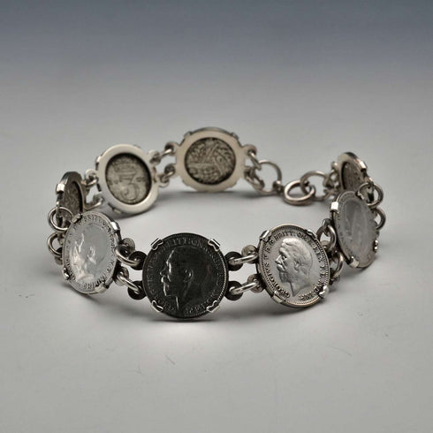 Pulsera vintage británica de plata de ley y moneda de 3 peniques de plata, 20g