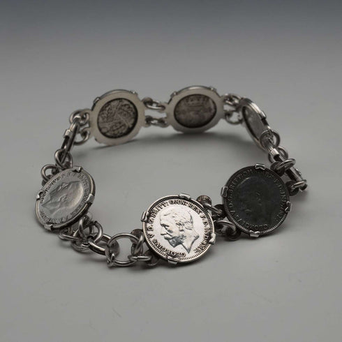 Pulsera vintage británica de plata de ley y moneda de 3 peniques de plata, 20g
