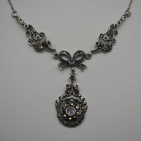 Vintage Sterling Silver Marcasite & Amethyst Necklace 42cm