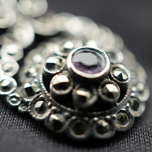 Vintage Sterling Silver Marcasite & Amethyst Necklace 42cm