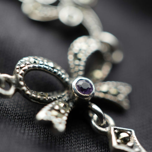 Vintage Sterling Silver Marcasite & Amethyst Necklace 42cm