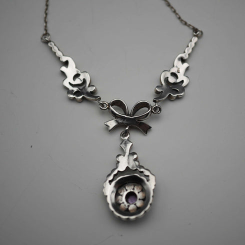 Vintage Sterling Silver Marcasite & Amethyst Necklace 42cm