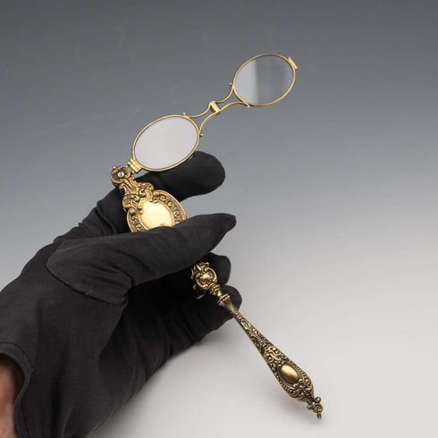 US Antique Sterling Silver Vermeil Ornate Folding Lorgnette Eyeglasses