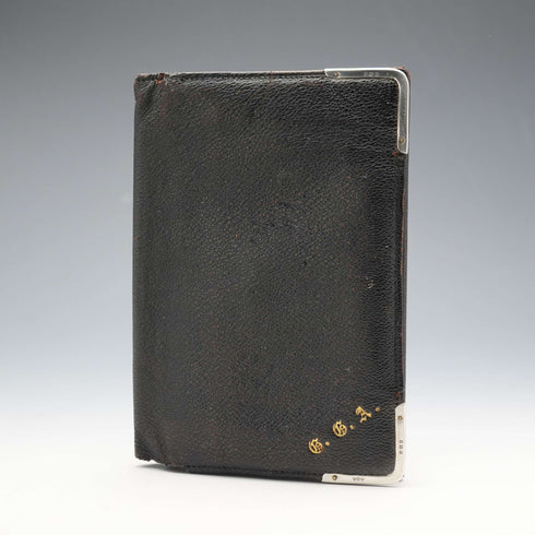 1908 British Antique Sterling Silver Ornamented Black Leather Wallet, Edward Langridge & Co.
