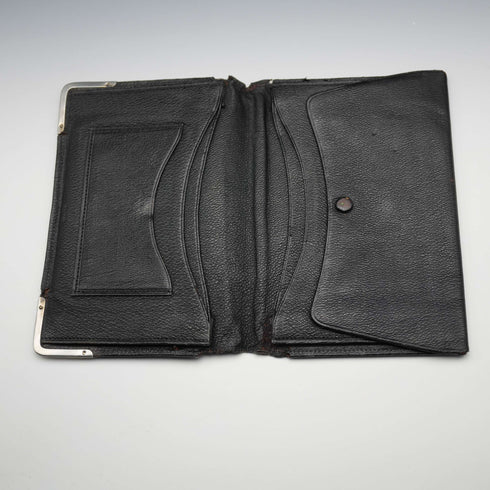 1908 British Antique Sterling Silver Ornamented Black Leather Wallet, Edward Langridge & Co.