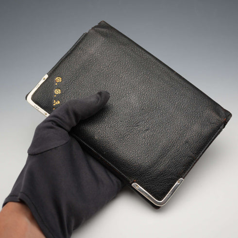 1908 British Antique Sterling Silver Ornamented Black Leather Wallet, Edward Langridge & Co.