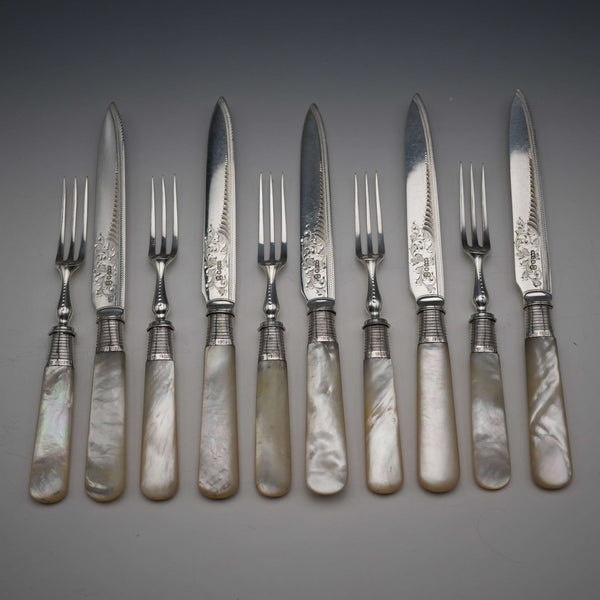 約1908年 英國古董白蝶貝手柄甜點餐具組(5對入) 純銀裝飾 Allen&Darwin