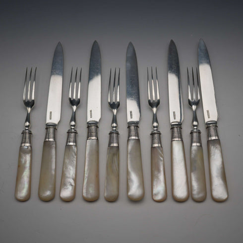 Circa 1908 Antique English Mother-of-Pearl Handle Dessert Cutlery, 5 Pairs, Sterling Silver Accents, Allen & Darwin
