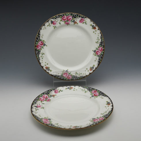 British Antique Aynsley "Black Band & Rose" Side Plates, Pair