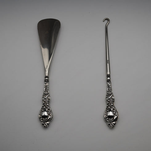 1902 British Antique Sterling Silver Handle Shoehorn and Button Hook Set by James Deakin & Sons