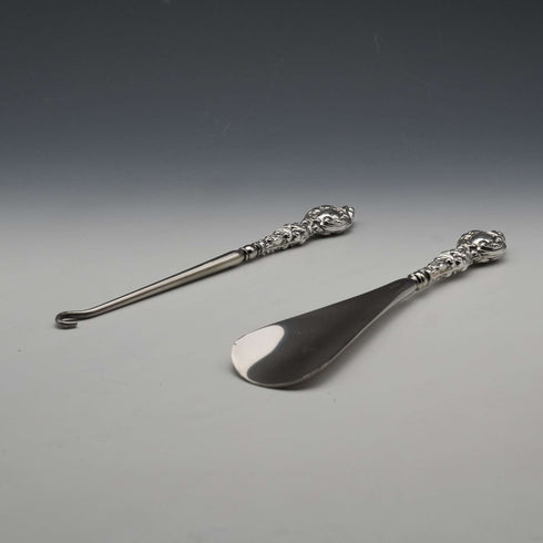 1902 British Antique Sterling Silver Handle Shoehorn and Button Hook Set by James Deakin & Sons