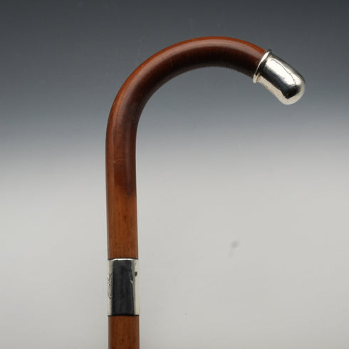 1914年 英国アンティーク タンシャフト 純銀装飾 大曲りハンドル ステッキ 杖 93cm