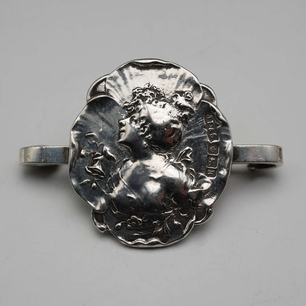 Broche de plata de ley de 1902, estilo Art Nouveau, relieve de mujer, James Deakin & Sons, antigüedad británica.