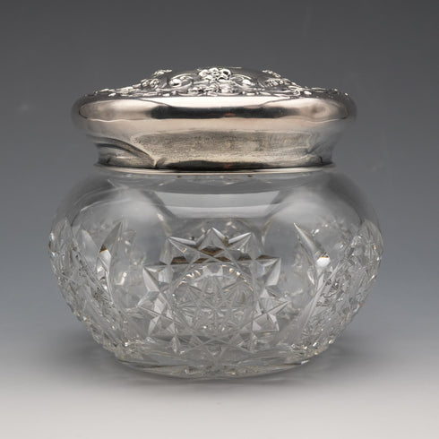 1900年頃 米国アンティーク 純銀蓋 カットガラスジャー Wilcox&Evertsen