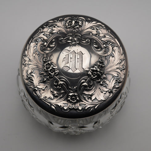 1900年頃 米国アンティーク 純銀蓋 カットガラスジャー Wilcox&Evertsen