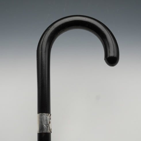 1935年 英国ヴィンテージ ブラックシャフト 純銀装飾 大曲りハンドルハンドル ステッキ 杖 88cm
