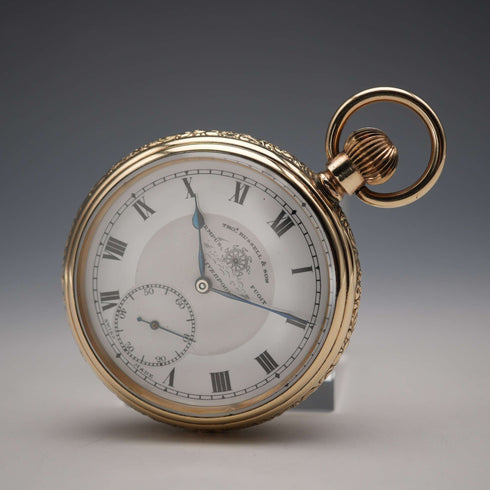 1910s British Antique Russell Open-Face Pocket Watch, Gold-Filled Case, Running Well