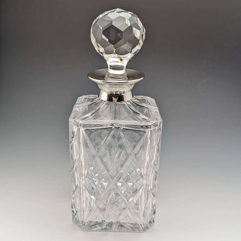 1979年 英国复古切割玻璃方形醒酒器 纯银装饰 JA Campbell