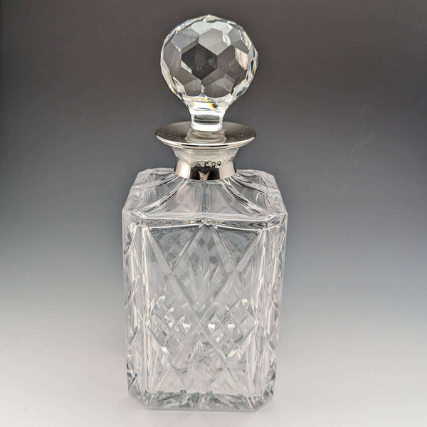 1979 British vintage cut glass square decanter with pure silver decoration JA Campbell