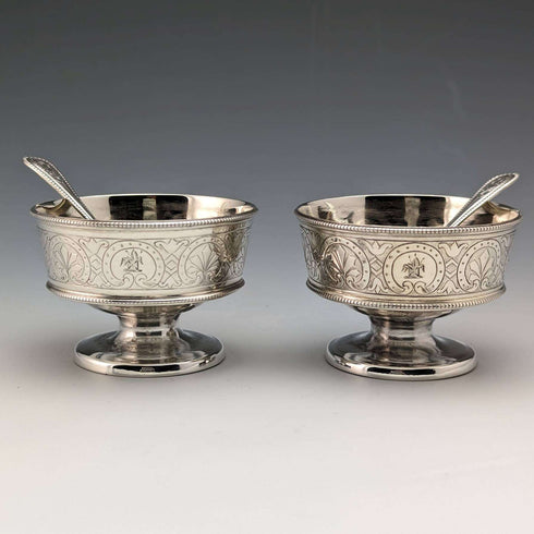 1870년 영국 앤틱 순은 솔트 디쉬 & 스푼 페어 80g Martin and Hall