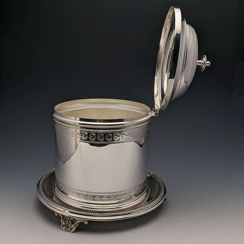 Hacia 1896, barril para galletas de plata chapada, antigüedad británica, Henry Bourne