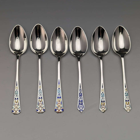 1930s British Vintage Sterling Silver Enameled Teaspoon Set of 6