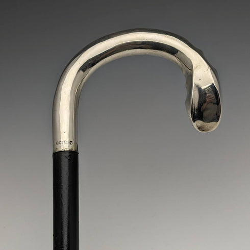 1909년 영국 엔틱 신사용 스틱 지팡이 순은 커브 핸들 92cm