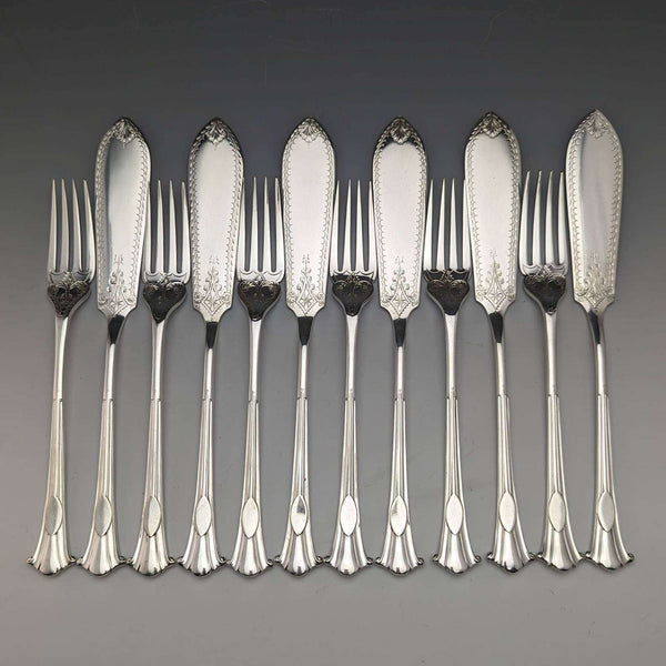 Juego de 6 pares de cubiertos para pescado de plata chapada, estilo antiguo inglés, hacia 1885, Mappin and Webb