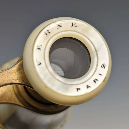 French antique mother-of-pearl decorated opera glasses binoculars with case Verne