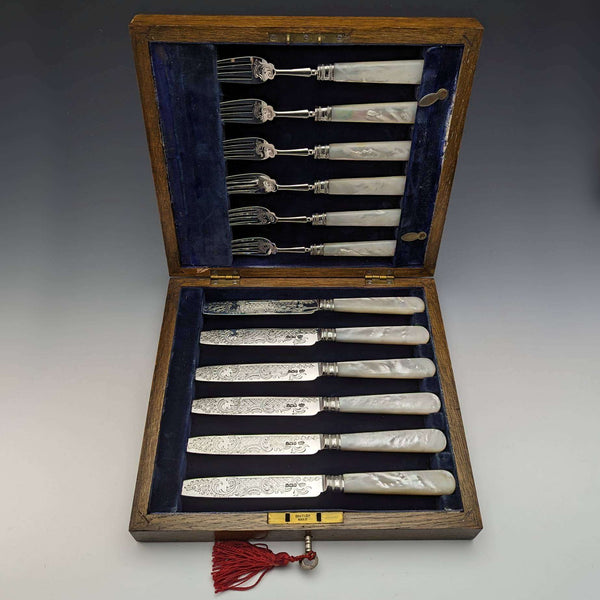 1897 年英國古董白色珍珠貝柄純銀刀片餐具 6 對盒裝 J Barraclough