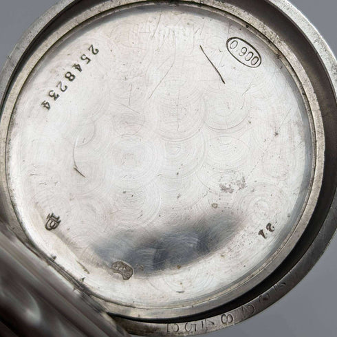 Reloj de bolsillo Longines antiguo de alrededor de 1911, caja de plata grabada, esfera abierta, en buen estado de funcionamiento.