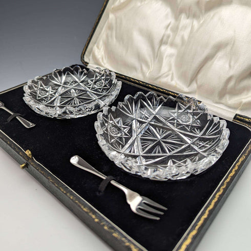 1927 British vintage cut glass dish pair sterling silver fork set CW Fletcher & Sons boxed