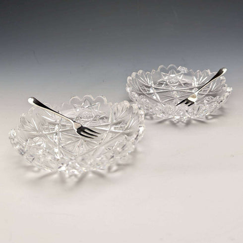 1927 British vintage cut glass dish pair sterling silver fork set CW Fletcher & Sons boxed
