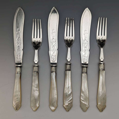 1877 British Antique Pure Silver Blade White Butterfly Shell Handle Fish Cutlery 3 Pairs Set William Hutton