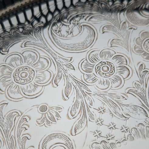 Bandeja de galería de plata chapada vintage británica, diámetro 26 cm, en caja, stock antiguo (deadstock)