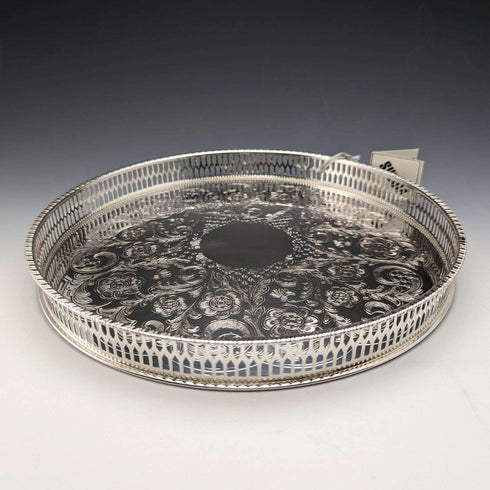 Bandeja de galería de plata chapada vintage británica, diámetro 26 cm, en caja, stock antiguo (deadstock)
