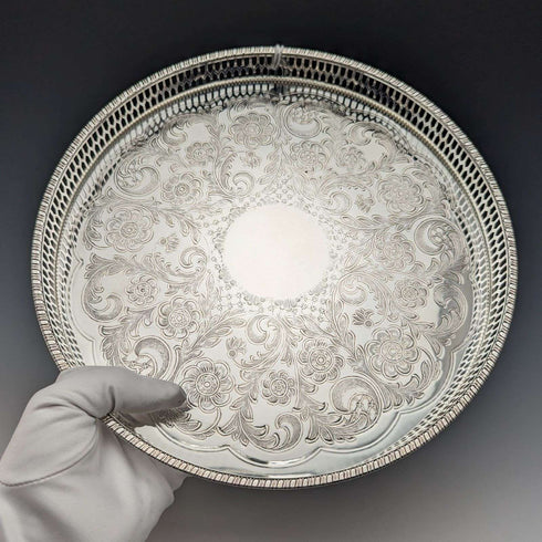 Bandeja de galería de plata chapada vintage británica, diámetro 26 cm, en caja, stock antiguo (deadstock)