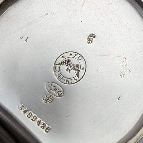 Reloj de bolsillo Longines antiguo, circa 1916, caja de plata delgada de cara abierta, en buen estado de funcionamiento