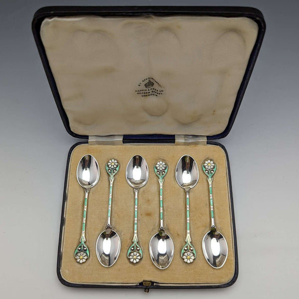 Juego de 6 cucharillas de té de plata de ley con decoración de esmalte, vintage británico de 1938, en estuche, MAPPIN and WEBB