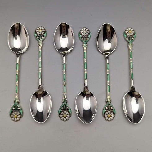 1938 年英國復古琺瑯裝飾純銀茶匙 6 件套裝在一個盒子中 MAPPIN 和 WEBB