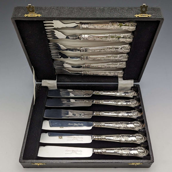 1973 British Vintage Sterling Silver Handle Cutlery 6 Pair Set Boxed Harrison Brothers